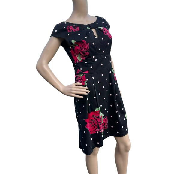 Nanette Lepore Women's Black Red Floral Polka Dots Cap Sleeve Mini Dress Size 6 - Picture 4 of 7